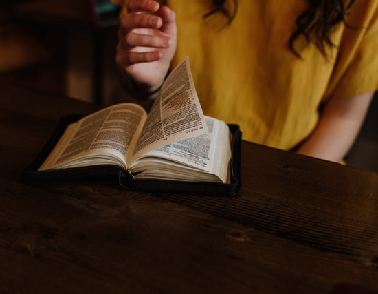 A woman studying from a book