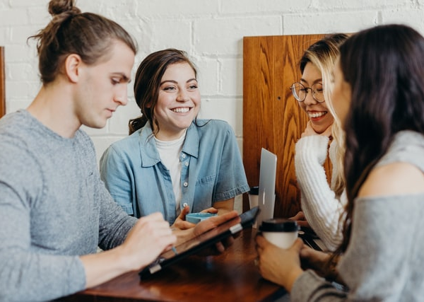 A group of students discussing something