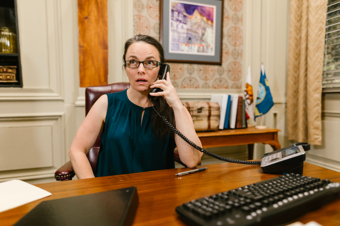 A lawyer works in her office, taking a call.