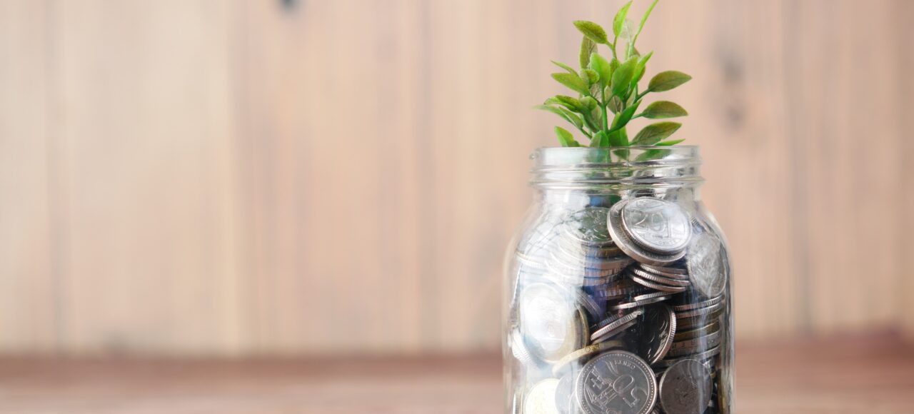 budgeting, a plant sprouting out of a jar of coins