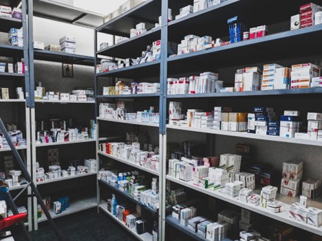 Different types of medicines in a pharmacy. 