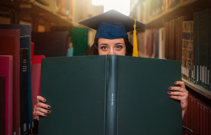 A grad student poses with a large book while wearing a cap.