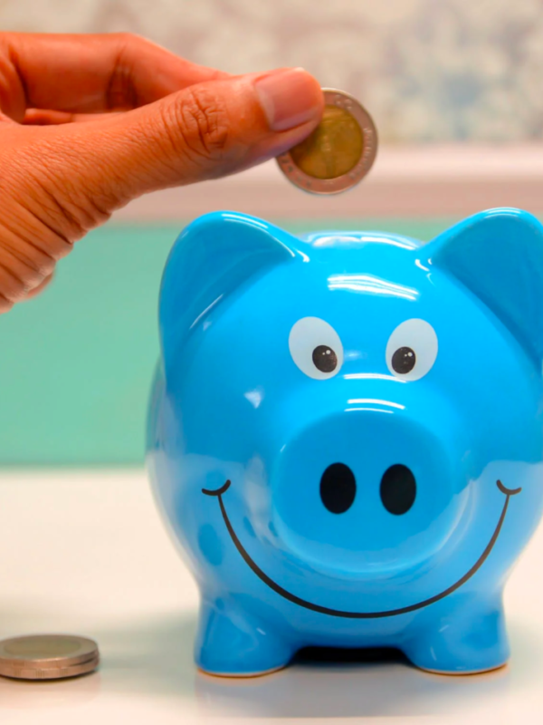 A person inserts coins into a piggy bank to save