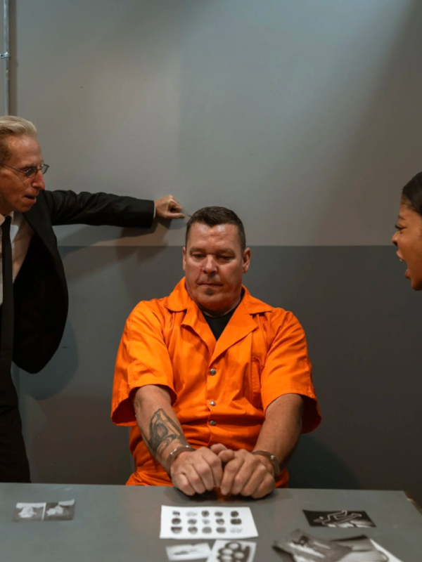 Two criminal justice professionals interrogate a prisoner aggressively