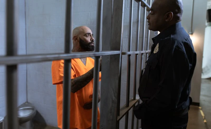 A police officer talks to a convict