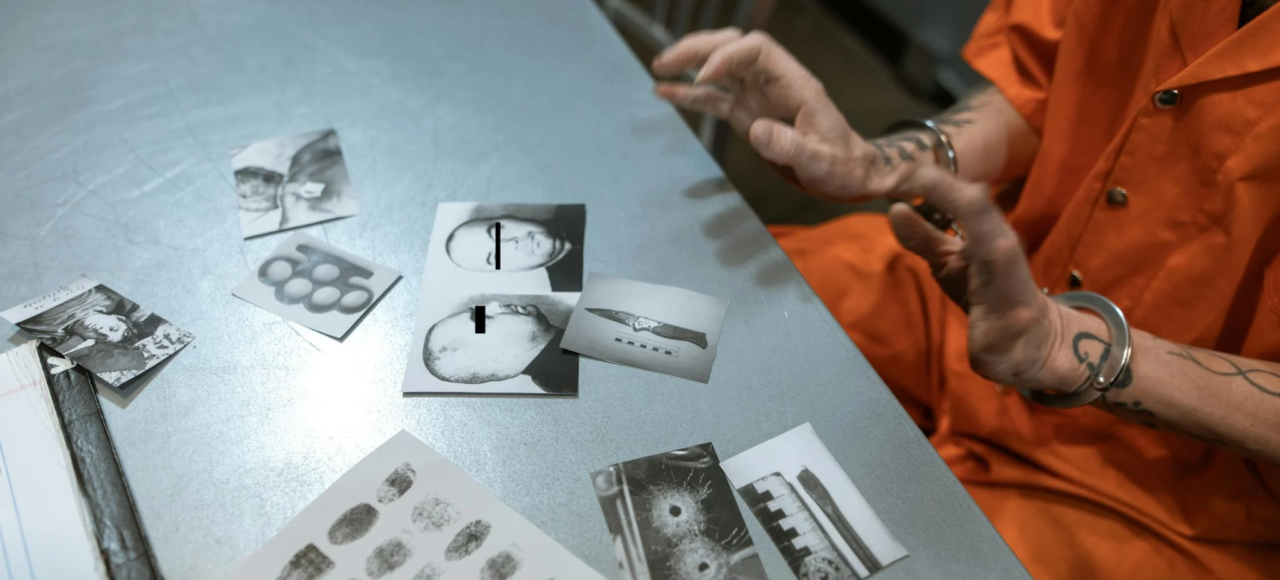 A prisoner reviews evidence in jail