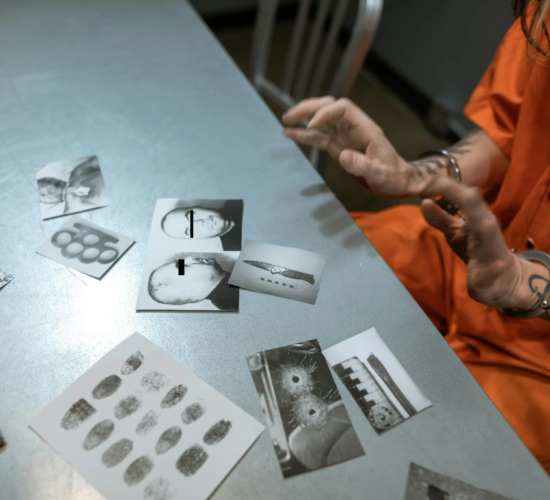 A prisoner reviews evidence in jail