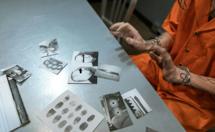 A prisoner reviews evidence in jail