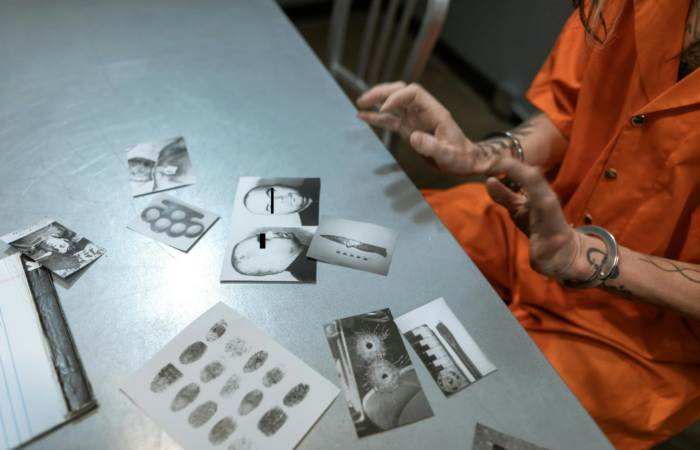 A prisoner reviews evidence in jail