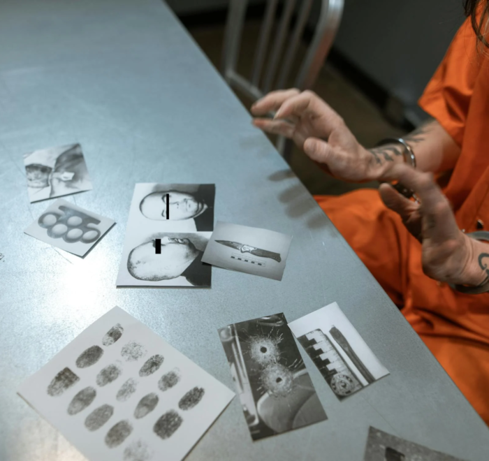 A prisoner reviews evidence in jail