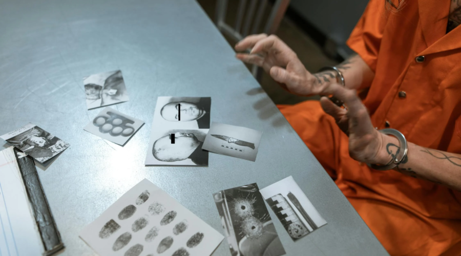 A prisoner reviews evidence in jail