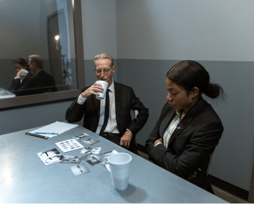 a man and a woman in black suits