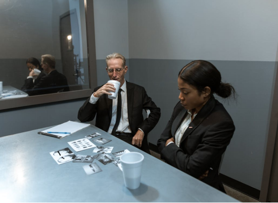 a man and a woman in black suits