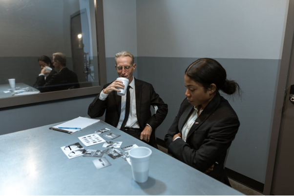 a man and a woman in black suits